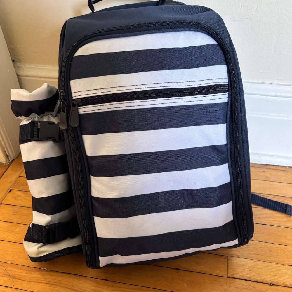 Blue & White Striped Picnic Basket Backpack, 4 Glasses, Plates, Full Set